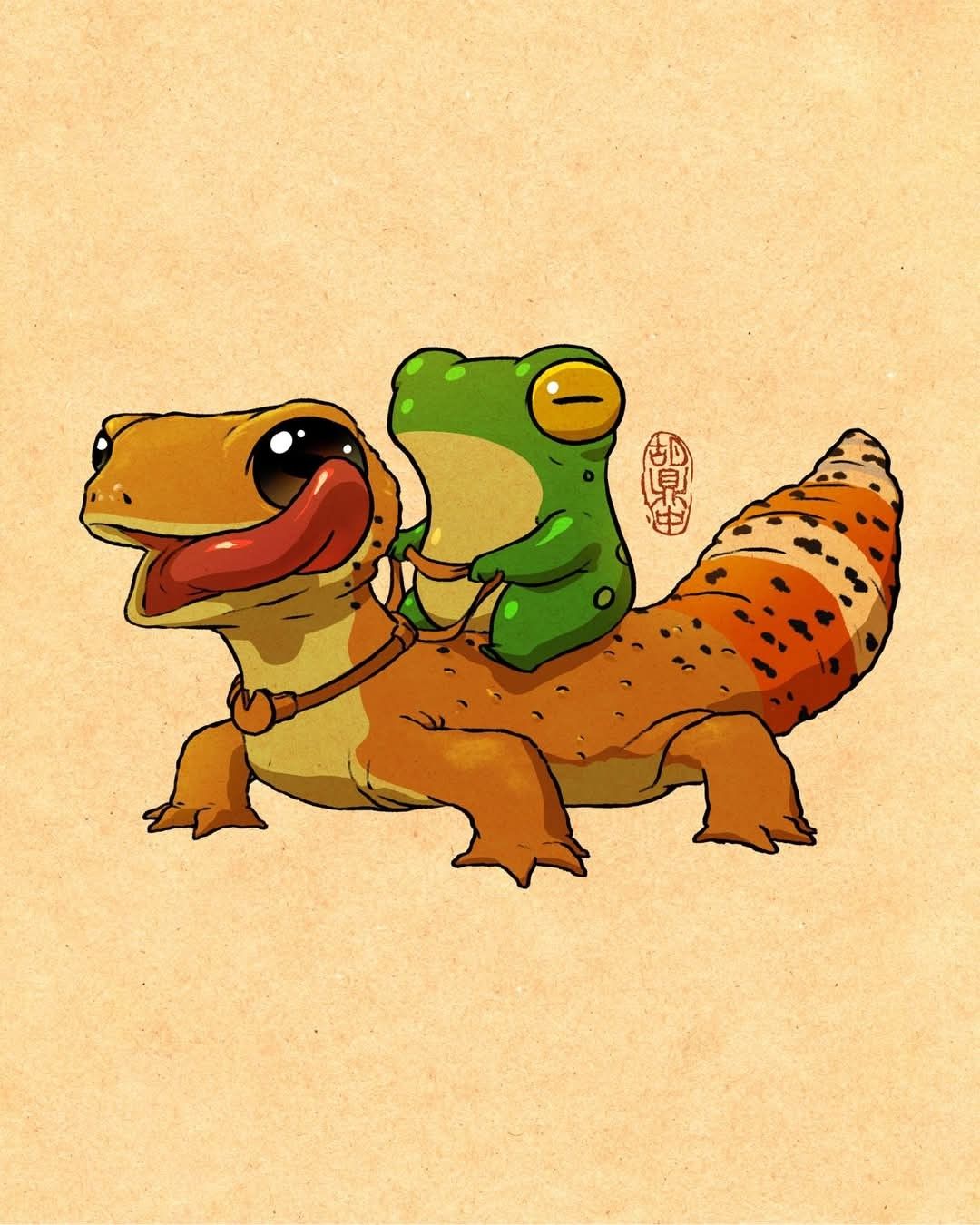 Frog riding a gecko
